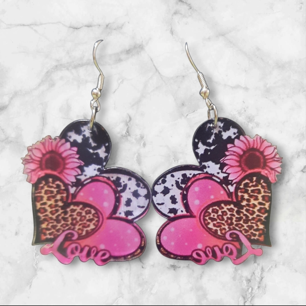 Heart Shaped Pink and Leopard Print Earrings